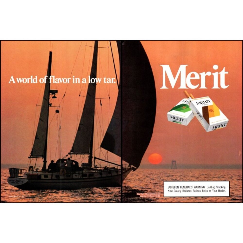 1986 Merit Cigarettes 2 Page Vintage Print Ad Sunset Sailboat Sailing Wall Art
